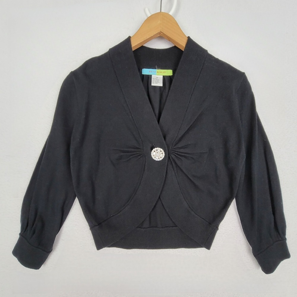 Beth Bowley Black Cropped Cardigan with Rhinestone Button